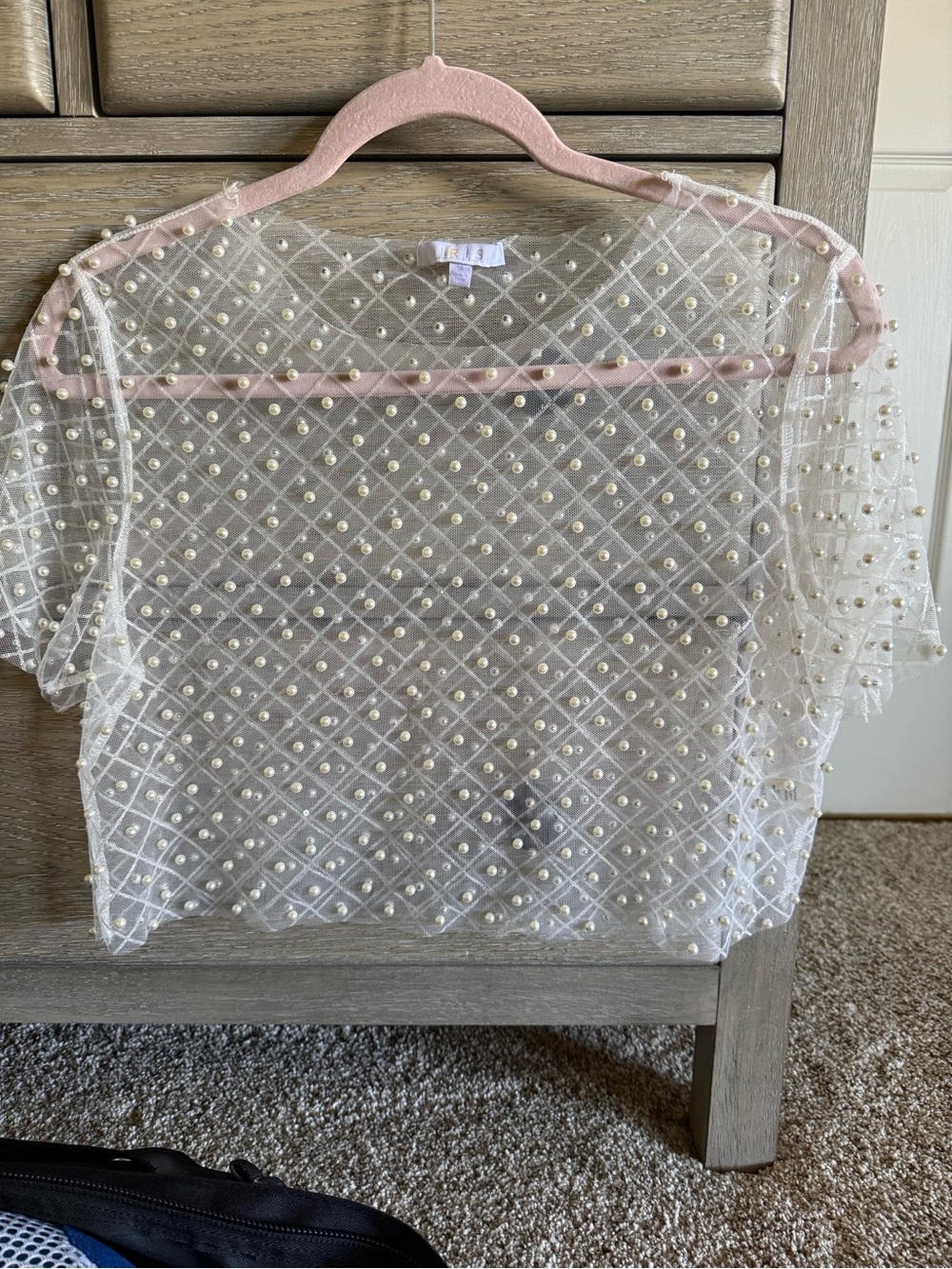 iris Sheer Pearl-Embellished Crop Top - White